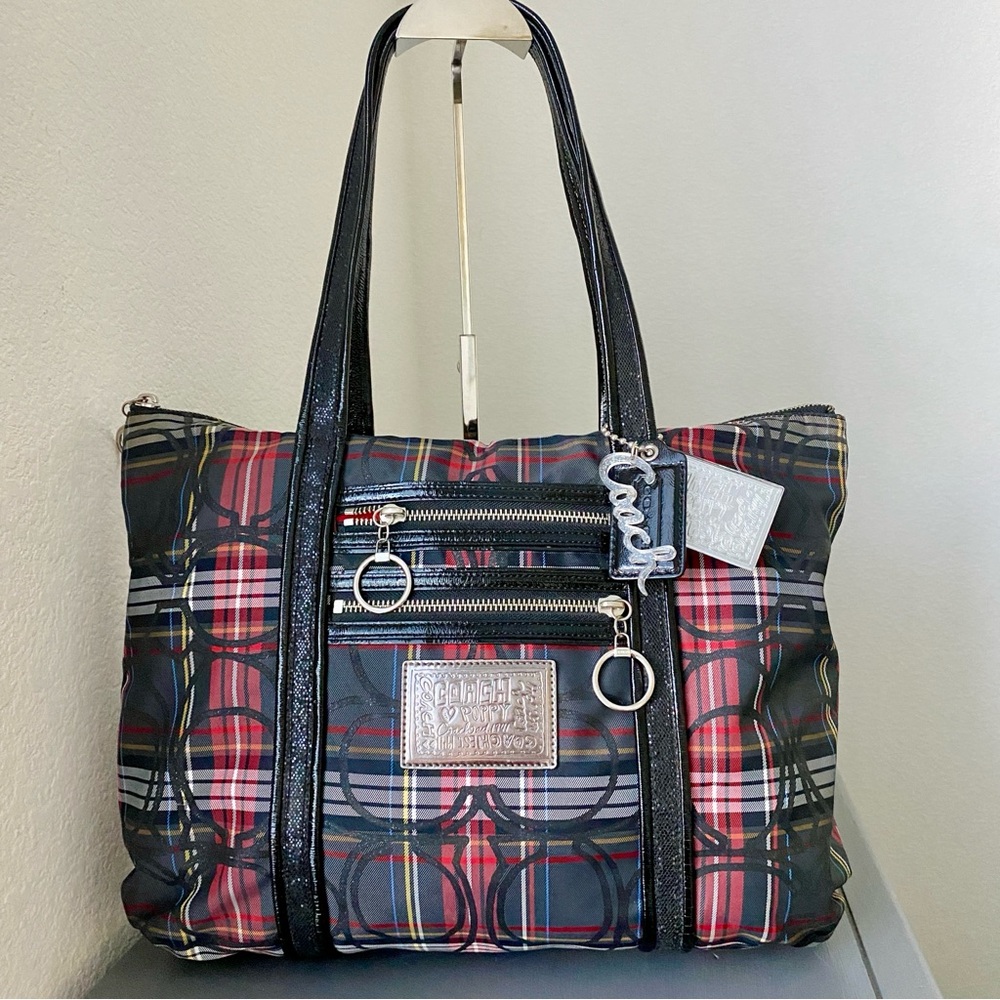 Coach  Poppy tartan Plaid Tote Bag - Black and Red
